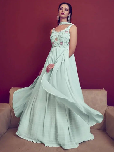 Captivating Sky Blue Thread Work Georgette Ready-Made Gown